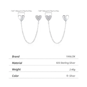Elegant s925 silver asymmetric long chain heart earrings with mirror finish and pavé stones