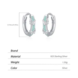 S925 sterling silver hoop earrings with mint green enamel butterfly 12.5mm outer diameter