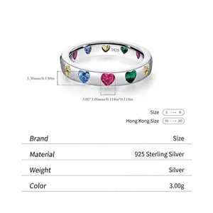 S925 Sterling Silber Herzring mit bunten Zirkoniasteinen und 3,3mm Bandbreite