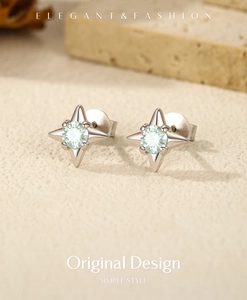 Detail view of S925 silver star earrings featuring elegant green moissanite gemstones