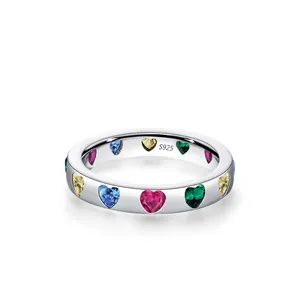 925 Sterlingsilber Herz Ring Bunte Zirkonia Eingelegt Bonbonfarben Koreanischer Stil Mode Süßer Fingerring Für Damen Schmuck