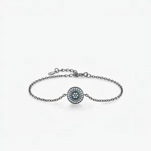 Bracelet Vintage en Argent Sterling S925 Mauvais Œil pour Femme Rétro Noir Fusil Turquoise Synthétique Zirconia Chaîne Réglable
