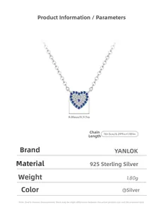 Detailed specs of S925 silver heart necklace with blue and white pavé cubic zirconia