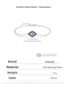Macro view of S925 sterling silver evil eye bracelet with blue zircon and product dimensions