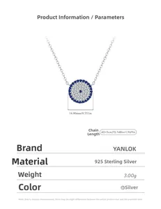 Detail of S925 sterling silver evil eye necklace with blue zircons and size specifications