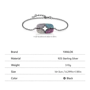 S925 sterling silver black star bracelet with colorful inlaid gems and rectangle charm