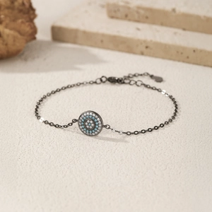 Bracelet œil maléfique en argent S925 avec turquoise et zircon sur pierre texturée