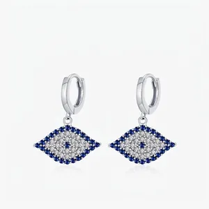 925 Sterling Silver Evil Eye Hoop Earrings For Women French Vintage Pave Zirconia Blue Eye Drop Earrings Jewelry Gift
