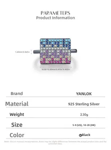 Detailed size specifications for a S925 sterling silver black ring with multi-color stones