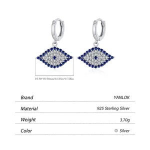 Elegant S925 sterling silver evil eye drop earrings with blue and clear zircon stones