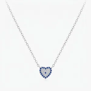 925 Sterling Silver Heart Necklace Blue White Zirconia Pave Pendant For Women Elegant Sweet Fashion Jewelry Clavicle