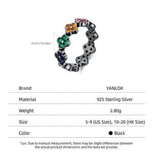S925 sterling silver black clover ring with colorful zircons and rainbow gemstones