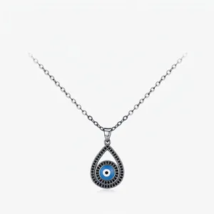 925 Sterling Silver Evil Eye Pendant Necklace Blue Zirconia Teardrop Shape Black Electroplated Chain Jewelry For Women