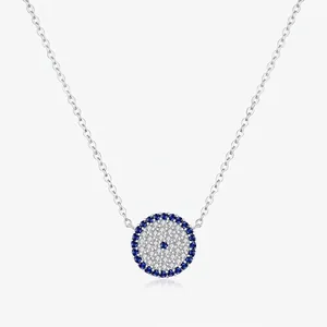 Vintage S925 Sterling Silver Evil Eye Necklace For Women Round Full Pave Blue Eye Zirconia Pendant Clavicle Chain Jewelry