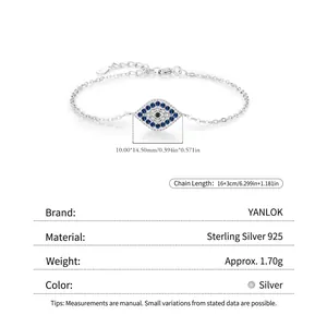 S925 sterling silver evil eye bracelet with blue zircons and adjustable 16+3cm chain