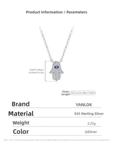 Macro detail of S925 sterling silver Hamsa hand necklace with blue eye and dimensions
