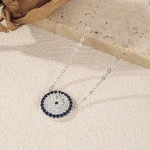 S925 sterling silver necklace with vintage round blue evil eye pendant set with crystals