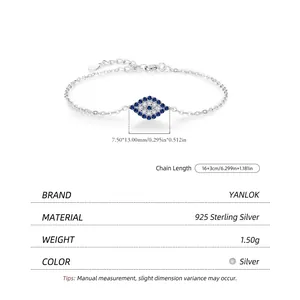 S925 Sterling Silver Blue Evil Eye Bracelet with Zircon Stones and Dimensions Info