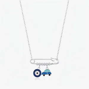 Collier Pendentif Épingle à Nourrice en Argent Sterling 925 Mauvais Œil Bleu et Breloques en Émail de Voiture pour Femme