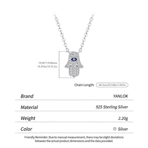 S925 sterling silver Hamsa hand necklace with micro-paved crystals and evil eye