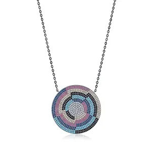 Collier Pendentif Bouclier Rond en Argent Sterling 925 pour Femme Style Pixel Vintage avec Incrustation de Zirconia Multicolore