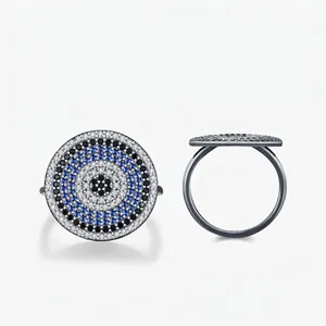 925 Sterling Silver Evil Eye Ring For Women Vintage Dark Style Blue White Black Zirconia Micro Pave Chic Finger Ring Jewelry