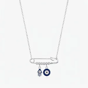 925 Sterling Silver Safety Pin Pendant Necklace For Women Hamsa Evil Eye Charms Minimalist Clavicle Chain Fashion Jewelry