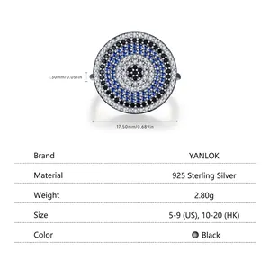Luxurious S925 sterling silver evil eye ring featuring blue and black pave zirconia