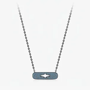 S925 Sterling Silver Star Hollow Pendant Necklace Cool Style Blue Rhinestone Inlaid Chain Women Fashion Jewelry Gift