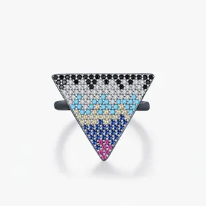 925 Sterling Silver Inverted Triangle Ring Multicolor Pave Zirconia Geometric Finger Ring Luxury Cool Jewelry For Women
