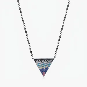 925 Sterling Silver Inverted Triangle Pendant Necklace For Women Retro Pixel Style Multi-Color Zirconia Inlaid Jewelry