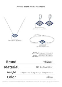 Detailed view of S925 silver blue evil eye jewelry set with precise size measurements
