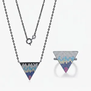 Parure de Bijoux en Argent Sterling 925 Triangle Inversé Géométrique Zirconia Multicolore Style Pixel Collier Pendentif Bague Femme