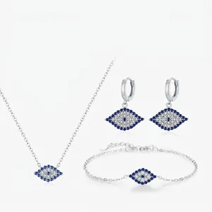 S925 Sterling Silver Evil Eye Jewelry Set For Women Retro Blue Zirconia Inlaid Necklace Bracelet Earrings Fashion Jewelry