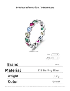 Detail view of colorful heart-shaped stones S925 silver ring with size parameters