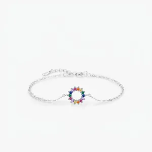 S925 Sterling Silver Rainbow Zirconia Bracelet For Women Korean Sweet Cute Round Circle Pendant Adjustable Chain Jewelry Gift