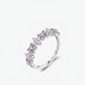 S925 Sterling Silver Gradient Sparkling Rhinestone Clover Row Setting Ring For Women Sweet Cool Personalized Finger Ring Jewelry