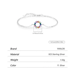 S925 sterling silver chain bracelet with a colorful rainbow pavé zircon round pendant