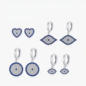 Boucles d'Oreilles Mauvais Œil en Argent Sterling 925 pour Femmes Zirconia Bleu Blanc Cœur Géométrique Dormeuses Créoles Bijoux