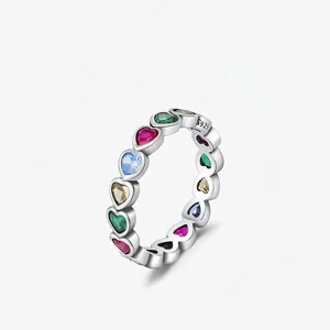 925 Sterling Silver Colorful Heart Rhinestone Ring For Women French Retro Style Eternity Band Dopamine Fashion Jewelry
