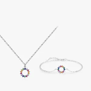 925 Sterling Silver Rainbow Round Zirconia Pendant Necklace And Bracelet Colorful Minimalist Fashion Jewelry For Women Girls Gift