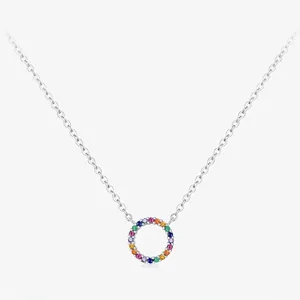 S925 Sterling Silver Rainbow Circle Pendant Necklace For Women Colorful Zirconia Inlaid Minimalist Jewelry Gift
