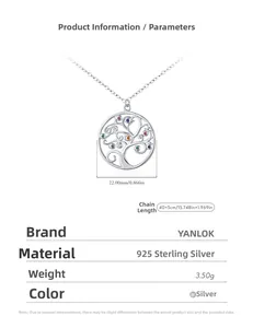 Detail view of S925 sterling silver Tree of Life necklace with colorful gemstones