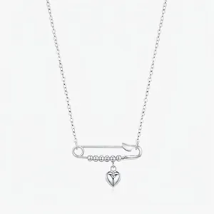 Collier avec Pendentif Cœur Miroir Épingle à Nourrice en Argent Sterling S925 pour Femme Bijoux de Chaîne de Clavicule Minimaliste