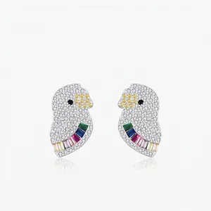 Boucles d'Oreilles Clous Perroquet en Argent Sterling S925 pour Femmes Mignonnes Boucles d'Oreilles Oiseau Strass Arcobaleno Bijoux Créatifs