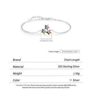 S925 sterling silver chain bracelet featuring a colorful star flower charm with cubic zirconia