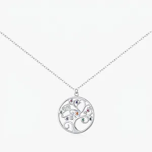 925 Sterling Silver Tree Of Life Pendant Necklace Multicolor Zirconia Inlaid Hollow Round Chain Necklace For Women Trendy Jewelry Gift