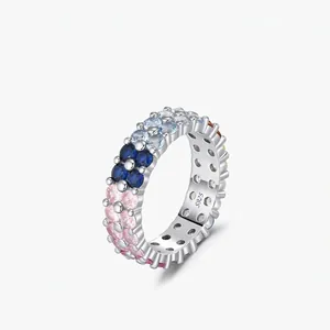 Luxury 925 Sterling Silver Double Row Colorful Zirconia Ring Gradient Fashion Commute Finger Ring For Women Jewelry Gift