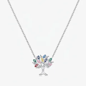 925 Sterling Silver Tree Of Life Pendant Necklace For Women Colorful Evil Eye Enamel Chain Minimalist Jewelry Gift