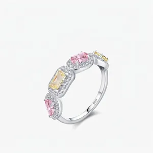 Bague Cube Colorée en Argent Sterling 925 Rose Jaune Luxe pour Femme Vintage Elégante Pavé de Strass Bijoux Cadeau